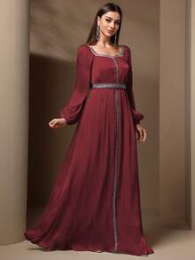 Solessence 女士优雅亮片拼接灯笼袖连衣裙，春夏 - 棗紅色 - 查看 4