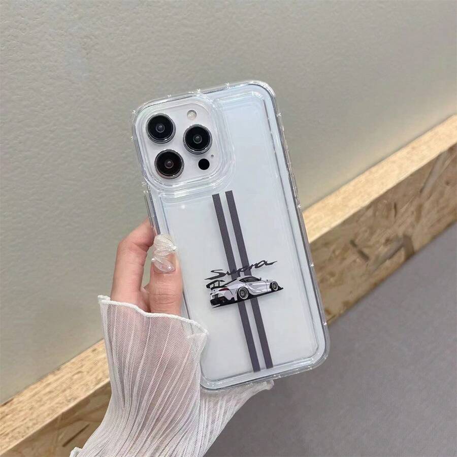 1pc White Car Graphic UV Printed Phone Case, Protective Cover For IPhone 11/12/13/14/15/16 Pro Max XR X/XS 7 8 Plus SE Mini & Other Smartphones, Personalized Creative Design