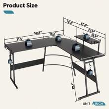 51" Gaming Desk L-Shaped Computer Desk With Monitor Shelf Corner PC Home Office Gaming Table, Carbon Fiber Black