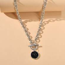 Punk Jewelry Chunky Silver Chain Black Marble Round Pendant Necklace Accessories