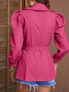 Saco blazer dama mujer cinturon ajustable manga abullonada botones metalicos casuall formal versatil comodo fresco ligero dia noche oficina moderno sofisticado elegante moderno - Rosa Fucsia - Ver 2