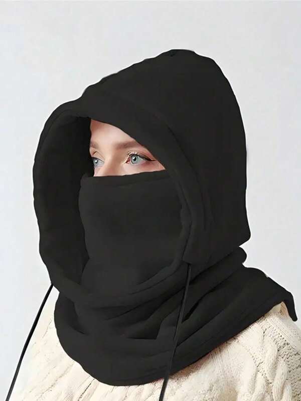 1 peça elegante e versátil chapéu balaclava de lã com cordão duplo, máscara facial de esqui à prova de vento e quente, aquecedor de pescoço de cor sólida para ciclismo, pesca, corrida, esportes, caminhadas, uso diário, unissex