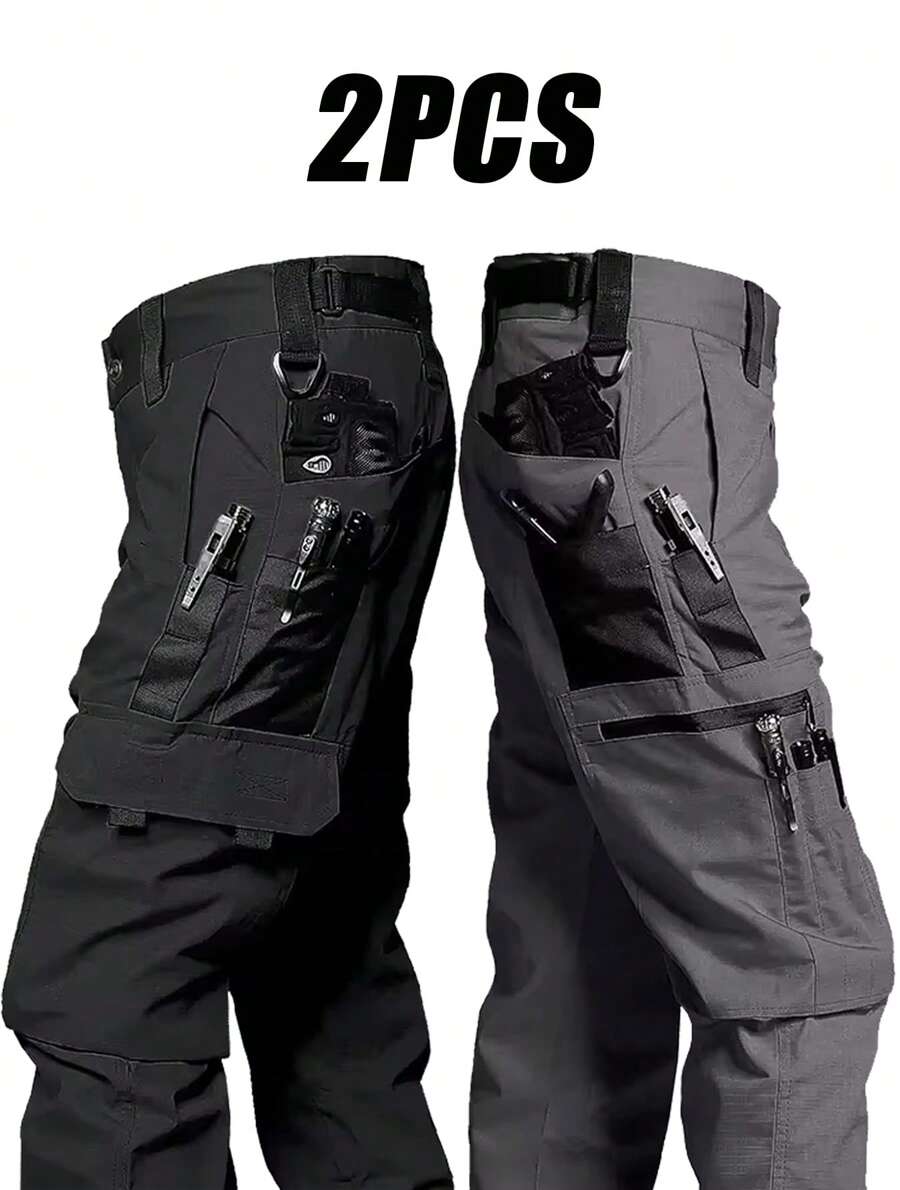 Pantalones tácticos con cremallera, bolsillos y estampado camuflado, resistentes al agua, sin cinturón, ajuste regular, bolsillos deportivos, pantalones duraderos para otoño y pantalones de entrenamiento resistentes al desgaste para hombres
