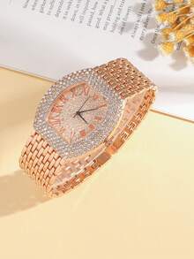 5 件套全新时尚水钻装饰钢带女士石英腕表，带罗马数字表盘，另加水钻心形吊坠配件，无礼盒 - 彩色 - 查看 5