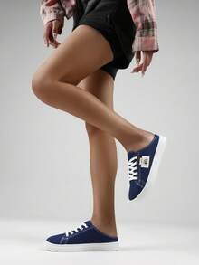 Women's Solid Canvas Slippers, Platform Round Toe All-Match Lace Up Breathable Slip On Shoes, Women's Footwear - Blue - View 5