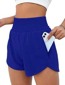 Women'S Athletic Running Shorts, Workout Gym, Elastic Waist Quick Dry Sports Shorts, High Waisted Yoga Workout Shorts With Mesh Liner Zipper Pockets - 藍色 - 查看 1