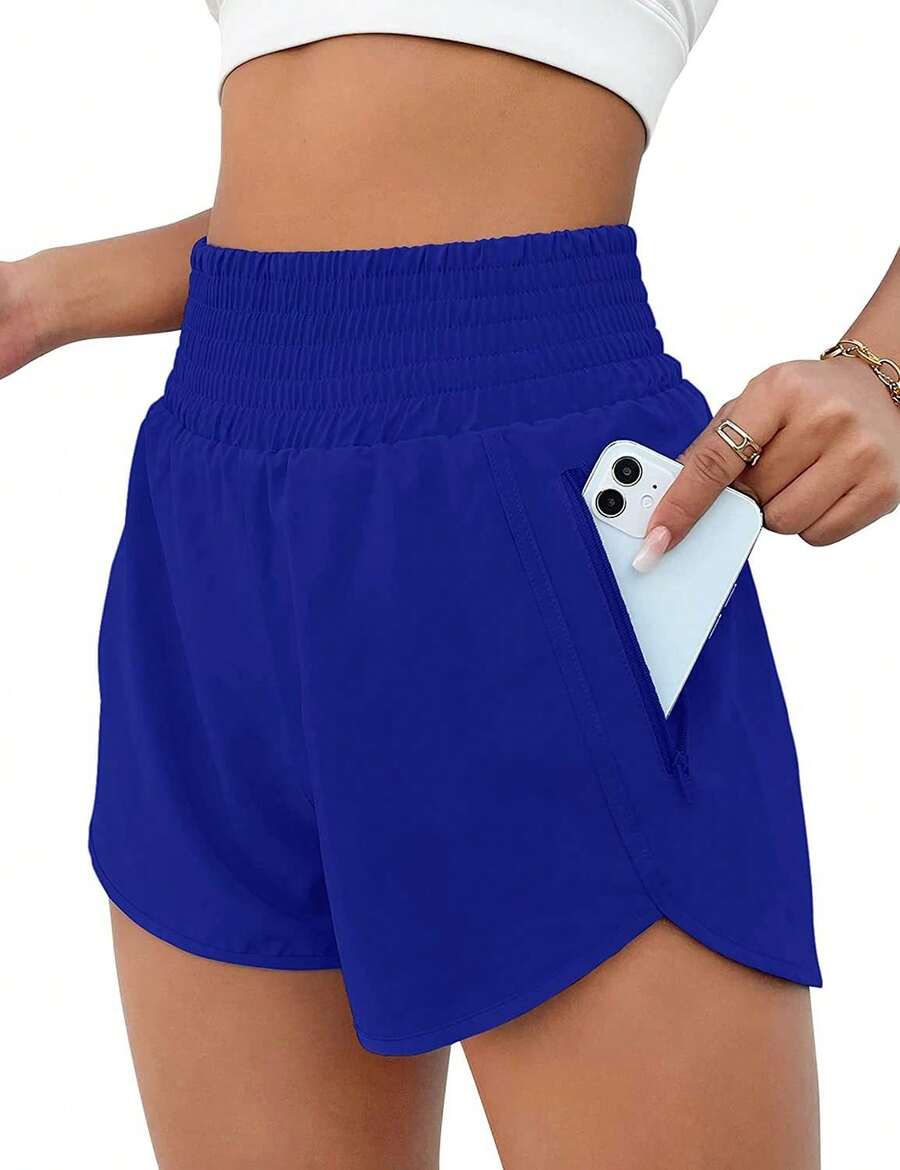 Women'S Athletic Running Shorts, Workout Gym, Elastic Waist Quick Dry Sports Shorts, High Waisted Yoga Workout Shorts With Mesh Liner Zipper Pockets - 藍色 - 查看 1