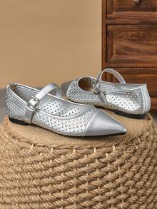 WHDXY 优雅的银色镂空平底鞋，适合日常穿着