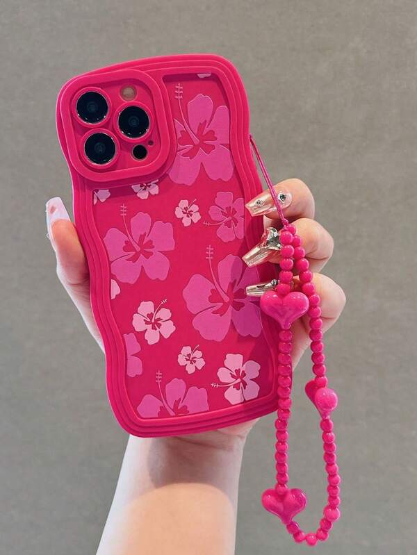 Set de regalo que incluye 1 pieza de Funda para teléfono antideslizante con un patrón floral minimalista ondulado, compatible con iPhone XS/XSMax/XR/11/12/13/14/14Plus/15/15Plus/16/16Plus/7/8Plus, y 1 pulsera con forma de corazón