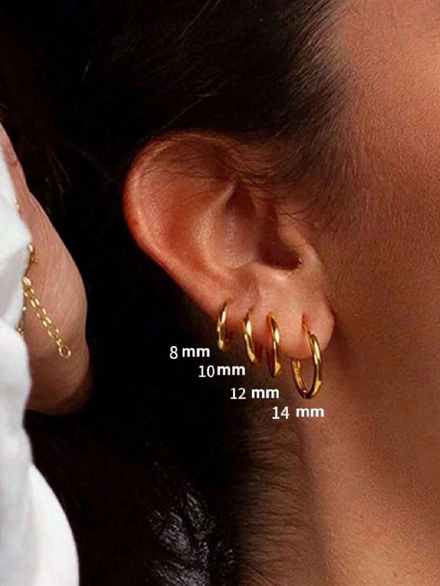 8pcs Solid Stainless Steel Round Hoop Earrings Set, Unisex, Stackable, 18K Gold Plated Mini Cartilage Hoops - Ear Studs - View 1