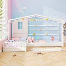 L-Shaped Double Twin Beds House Platform Beds W/ Window & Fences Ray - White - View 2