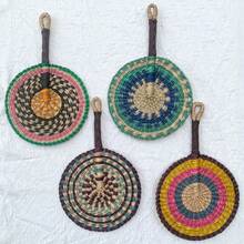 1pc Round Handwoven Colorful Fan, 9.84 Inch Width/14.95 Inch Length, African Elements Wall Decor Hanging Fan, Summer Beach Travel Hand Fan - Multicolor - View 3