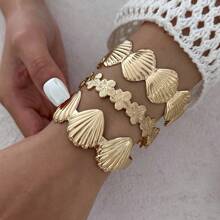 1 pièce Bracelet à manchette ouvert style vacances avec étoile de mer et coquillage, bracelet en métal à motif floral pour le port quotidien