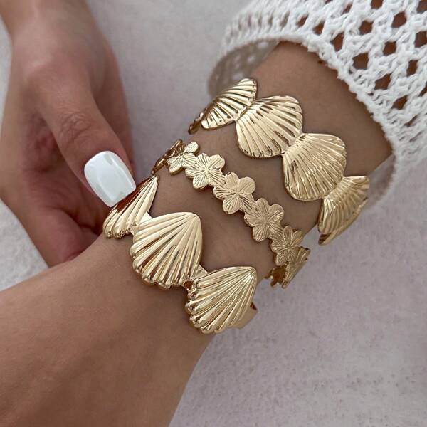 1pc Vacation Style Starfish & Shell Open Cuff Bracelet, Floral Metal Bangle Jewelry For Daily Wear