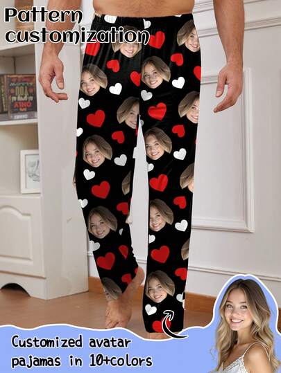 Anpassade herrpyjamasbyxor med unikt foto på stort huvud, ansiktsutbyte för par, julstämning, varma sovkläder, julstämning i hemmet