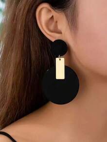 1 对女士欧美时尚朋克夸张几何圆形/方形/三角形金属吊坠耳环 - 黑色 - 查看 5