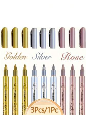 1/2/3/6/12 Pieces Of Gold And Silver Metallic Paint Pens, Suitable For DIY Painting, Drawing On Black Cards, Graffiti, Handicraft Making, Scrapbook Making, Logo Making. Pens, Markers, Acrylic Markers, Acrylic Pens. Suitable For Use During The School Term.