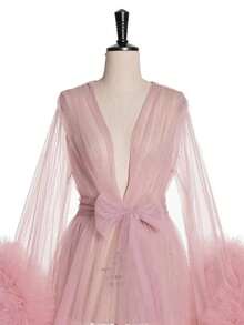 浪漫粉色新娘长袍/礼服，欧美风格，透明性感内衣，适用于新娘送礼会、拍照、舞台表演秋季女士服装 - 珊瑚粉 - 查看 6