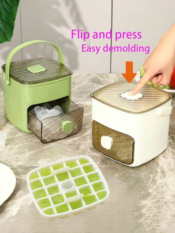 1 pieza (estructura resistente) Súper grande, de 48 compartimentos, máquina de hacer hielo, de doble capa antideslizante y apilable, de material PP (con pinza de hielo incluida), estilo industrial INS color blanco/verde, caja de almacenamiento de hielo con estilo de cajón, accesorio de bar, herramienta para hacer cócteles y hielo en el hogar