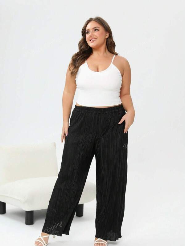 Pantalones plisados de unicolor talla grande, de tela tejida, apropiados para las temporadas de primavera, verano y otoño