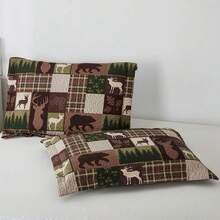 Reversible Lodge Plaid Bedding Moose Bear Quilt Full/Queen Size Rustic Bedspread Cabin Coverlet Wildlife Forest Daybed Cover Summer Lightweight Bed Cover Pillow Shams - Brown Green - 查看 4