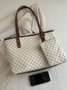 Bolso clásico y elegante tipo tote con billetera larga, bolso de mujer con textura elegante, regalo del Día de San Valentín - Caqui - Ver 6