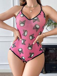 Sanrio Sanrio Damen Kuromi Süßer Digitaldruck, V-Ausschnitt, transparent, Schleifendekor, Teddy Bodysuit, sexy Dessous Bodysuit für Ausgehen