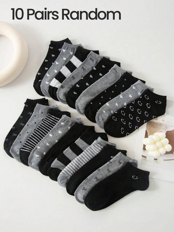 40/20/10/5 Paar Damen/Herren/Kinder 3-8 Jahre/Familien-Partnerlook Knöchelsocken, Schwarz & Grau Serie mit Schleife, Herz, Streifen, Punktmuster, vielseitig & bequem, geeignet für Studenten, Erwachsene, als Geschenk und für den täglichen Gebrauch. (Verschiedene Kombinationen möglich, zufälliger Stilversand)