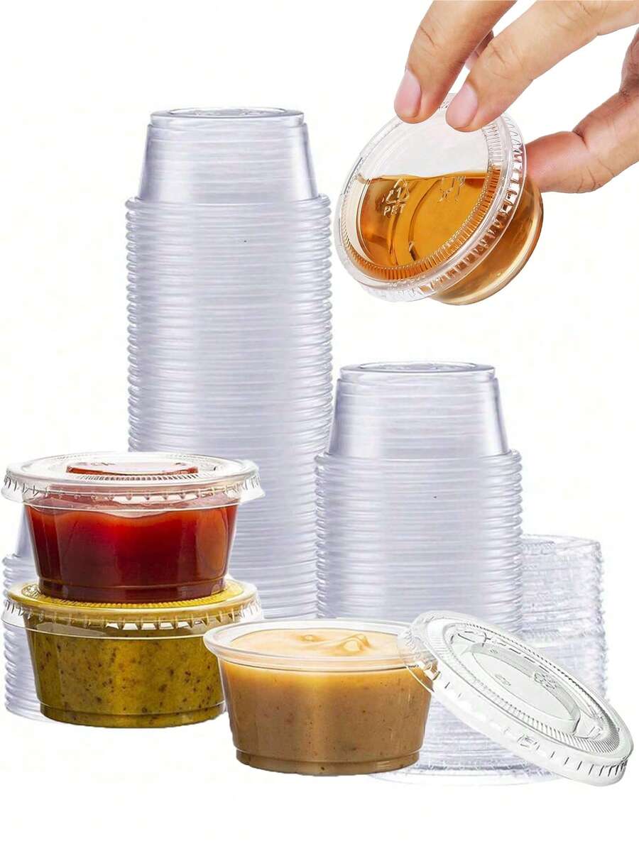 50pcs LIDS Plastic Cups, Suitable For Iced Coffee, Smoothies, Milkshakes And Any Cold Drinks. Dip Cups, Portion Control, Salad Dressings, 2-Ounce Jelly Injections And Medicine. Small Plastic Containers With LIDS. Sealed And Stackable Portion Cups, Salad Dressing/Dip Cups, Lunch Condiment Cups, Pie For Overseas Trips And Travels - Trong sáng - Xem 1