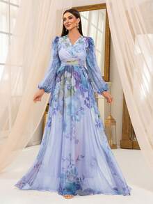 Đầm maxi nữ cổ chữ V tay phồng in hoa ngẫu nhiên, thanh lịch cho kỳ nghỉ xuân. - Màu xanh lam - Xem 5