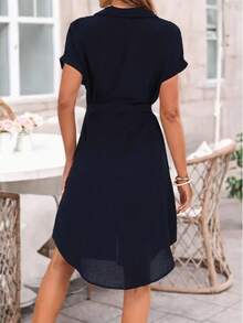 Women's Summer Casual Shirt Dress Elegant Solid Color Polyester Shirt Dress Button Front Belt Lapel Shirt Dress - 藍色 - 查看 3