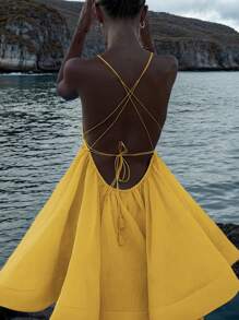 Sexy Backless A-Line Mini Dress, Butter Yellow Spaghetti Strap Dress, Suitable For Vacation, Back To School Party, Homecoming, Halloween Costumes #GalaNight