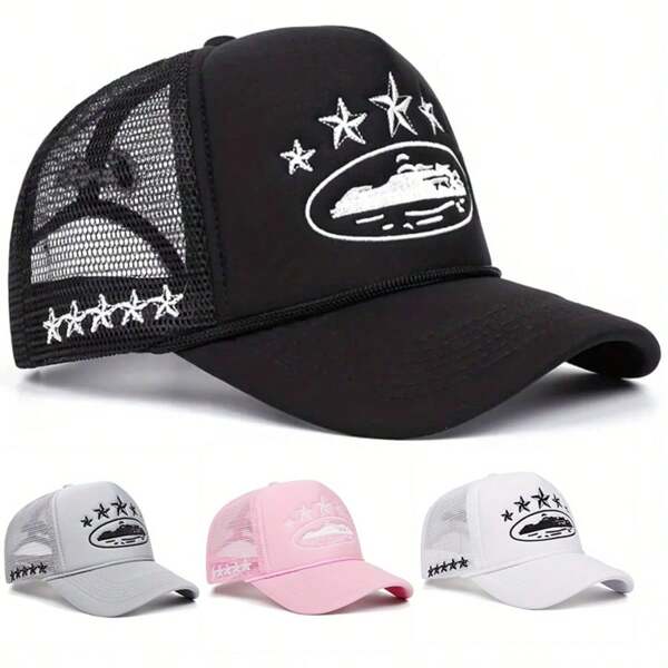 1pc Embroidered 5-Pointed Star Baseball Mesh Cap, Adjustable, Sun Protection, Casual, Suitable For Outdoor, Spring/Fall Travel, Beach, Men/Women, Y2K Style