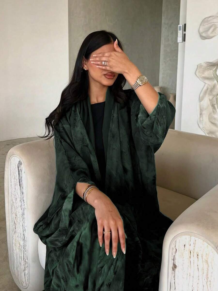 1 件优雅休闲粘胶雪纺扎染设计时尚开衫长袍 Abaya，优质面料，做工精良，时尚优雅 - 綠色 - 查看 1