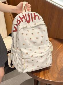 Casual Large Capacity Floral & Letter Graphic Multi-Pocket Functional Backpack, Cute Fresh College Style Student School Backpack, Suitable For Going To School, Travelling, Suitable For Back To School Season