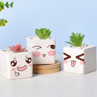 1pc White Ceramic Flowerpot Vase, Mini Cartoon Cute Potted Plant, Home DIY Desk Decoration, School Gift Decoration, Square Ceramic Succulent Flower Bonsai Creative Cartoon Cute Expression Simple Office Desktop Plant Eye Protection, UV And Formaldehyde Protection Potted Plant