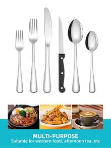 24 件银餐具套装，包括牛排刀、叉子、汤匙、甜点勺、4 套餐具 - 适用于家庭、餐厅、酒店、派对、婚礼、自助餐、不锈钢餐具套装、镜面抛光餐具套装、厨房用具套装、叉刀勺套装、可用洗碗机清洗