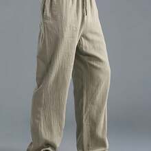 [Plus Size Linen Track Pants] Men'S Plus Size Loose Track Pants Linen Breathable Athletic Pants Are Suitable For Casual Everyday Travel - 卡其色 - 查看 1
