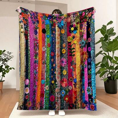 1 件花卉拼布毯 - 彩色法兰绒毛绒毯，四季皆宜，温暖舒适，适用于沙发、床、露营、旅行、家居装饰、礼物，精致缝制