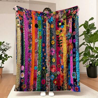 1 件花卉拼布毯 - 彩色法兰绒毛绒毯，四季皆宜，温暖舒适，适用于沙发、床、露营、旅行、家居装饰、礼物，精致缝制