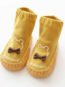 1 par de calcetines antideslizantes para bebé con conejo y moño, calcetines para gatear en interiores para niños pequeños con puntos de goma