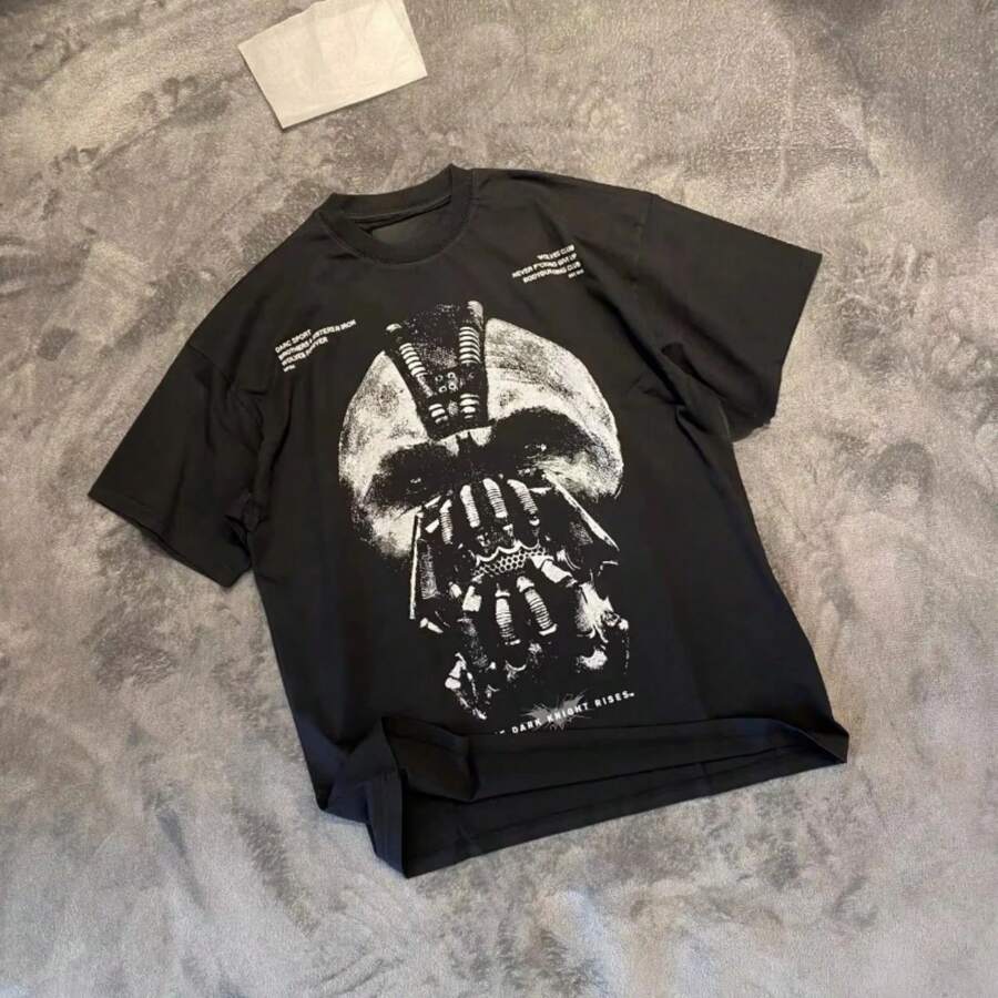 2025 New DARCSPORT Wolf Head BANE Mask Full Cotton Wash Soft Loose Short Sleeve T-Shirt Drape Men And Women Oversize Top Tees - 黑色 - 查看 1