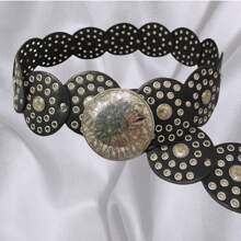 1 buc Curea circulară din PU pentru femei, curea din metal cu lanț, curea din piele strălucitoare, stil boem la modă, potrivită pentru uz zilnic, vara, școala, toamna, Halloween