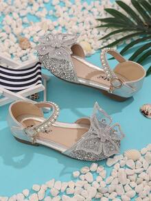 1 双适合小女孩的时尚公主鞋,带仿钻石和蝴蝶结软底凉鞋,水钻婴儿鞋,闪光芭蕾平底鞋 - 銀色 - 查看 6