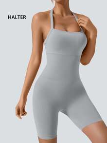 NcmRyu 1 Set Solid Color Women High Elasticity Ribbed Yoga Romper Sleeveless Quick Dry Sweat Wicking Athletic Unitard Perfect For Fitness Yoga Fitness Clothing Modern Athletic Look Seamless Construction Summer Conjunto Deportivo Mujer - Xám - Xem 8