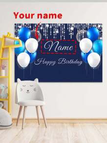 1 件蓝白元素生日派对背景 - 可定制您的名字，银色闪光“生日快乐”设计，6 种尺寸可选，无需电力，适用于室内/室外背景装饰、季节性装饰、派对背景装饰、生日派对氛围装饰