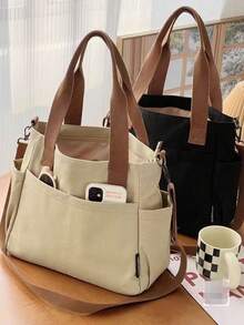 1 Pieza Bolso de lona de gran capacidad con múltiples bolsillos, bolso de hombro reutilizable para compras, fácil de llevar, asa cómoda, adecuado para uso diario y como regalo, bolso portátil para la escuela, el trabajo, los viajes y las compras - Multicolor - Ver 1