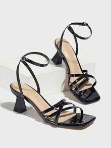 女士高跟凉鞋，多带设计，漆皮纹理，方头，细高跟，优雅性感，适合婚礼、派对、舞台表演、户外旅行、休闲约会，黑色浅口鞋