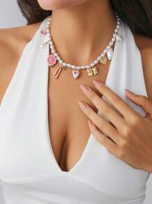 1pc Summer Retro Ceramic Chinese Style Bow, Heart, Asymmetrical Pearl Pendant Necklace, Vacation Style Collar Accessory