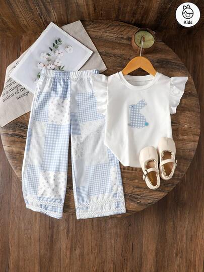 两件套女童休闲兔耳短袖T恤+直筒裤，适合日常户外穿着，夏季